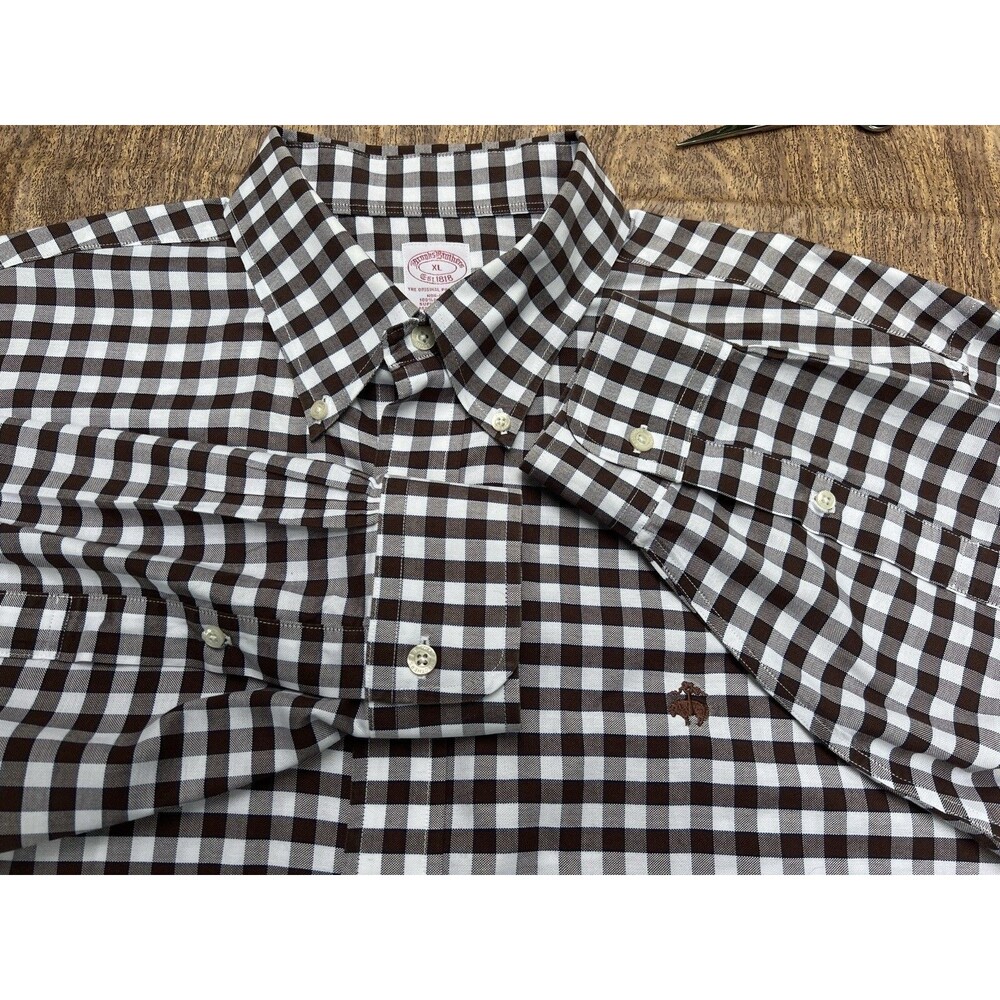Brooks Brothers XL Brown White Gingham Check Button Down Shirt Supima Cotton